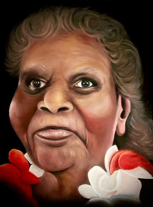 Caricature of a person with exaggerated features against a black background